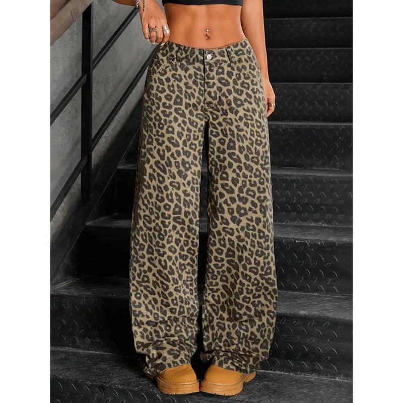 Female Retro Designer Straight Leg Jeans Pants Lady Fashion High Waist Denim Pants Women Leopard Print Baggy Trousers