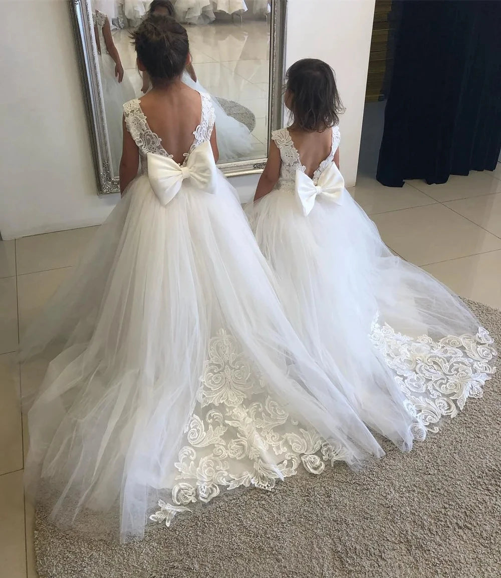 White Bridesmaid Dresses For Girls Princesss Flower Girl Dress Big Bow Lace First Communion Gown Kids Wedding Party | STEPHANIE