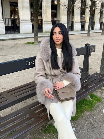 Fashion Hooded Women's Wollen Coat Fur Collar Lace Up Pocket Solid Warm Lady Coats 2025 Autumn Winter Elegant Female Streetwear