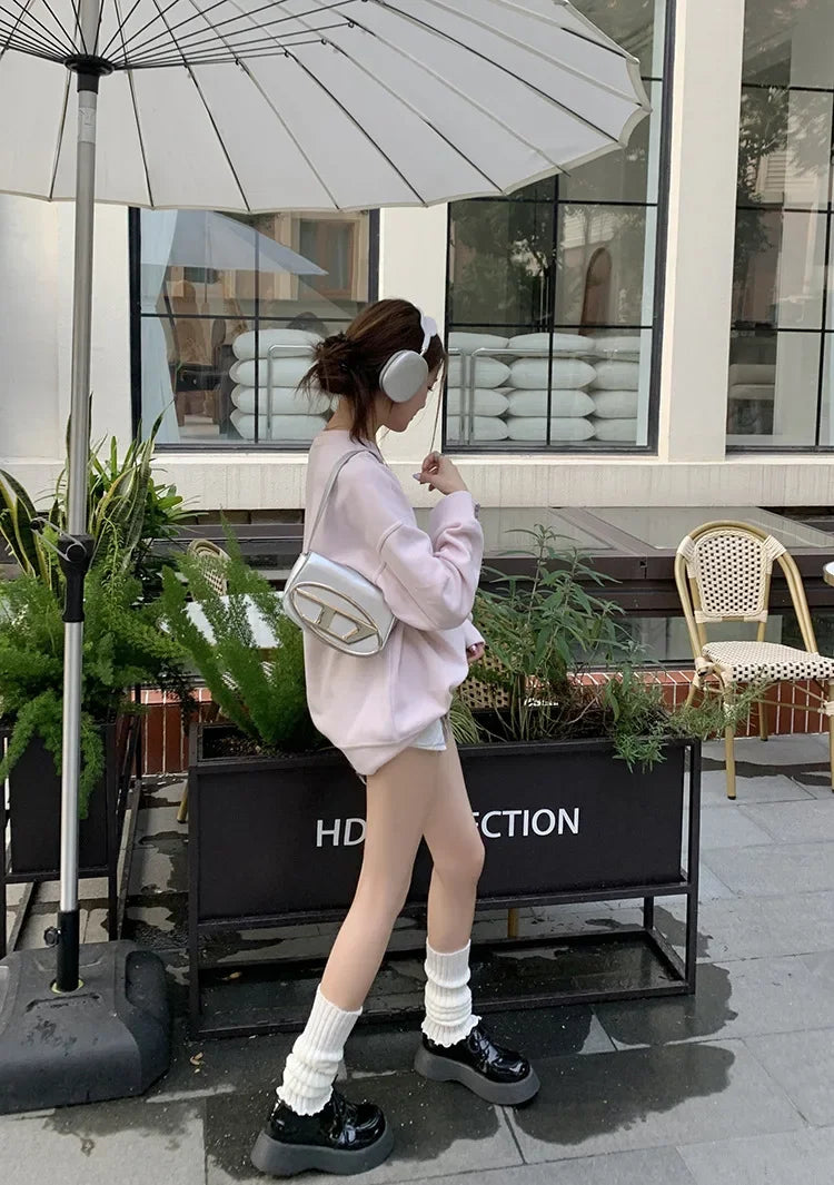 Light Pink Lettered Oversized Shoulder Sweatshirt Women's Full Sleeve round Neck Spring Autumn New Style Comfortable Casual Top