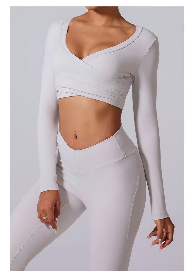2 Pieces Wrap Front Gym Fitness Suit Women Long Sleeve Legging Workout Yoga Set Sports Bra Short Sports Clothes Tracksuit Female