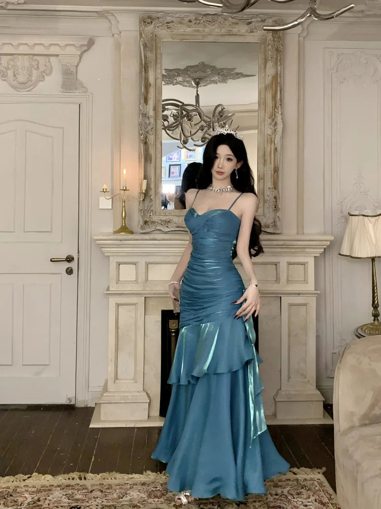 Sexy Solid Spaghetti Strap Sleeveless Evening Dresses Elegant Ruffles Party Long Dress For Women Summer Slim Beach New Vestidos