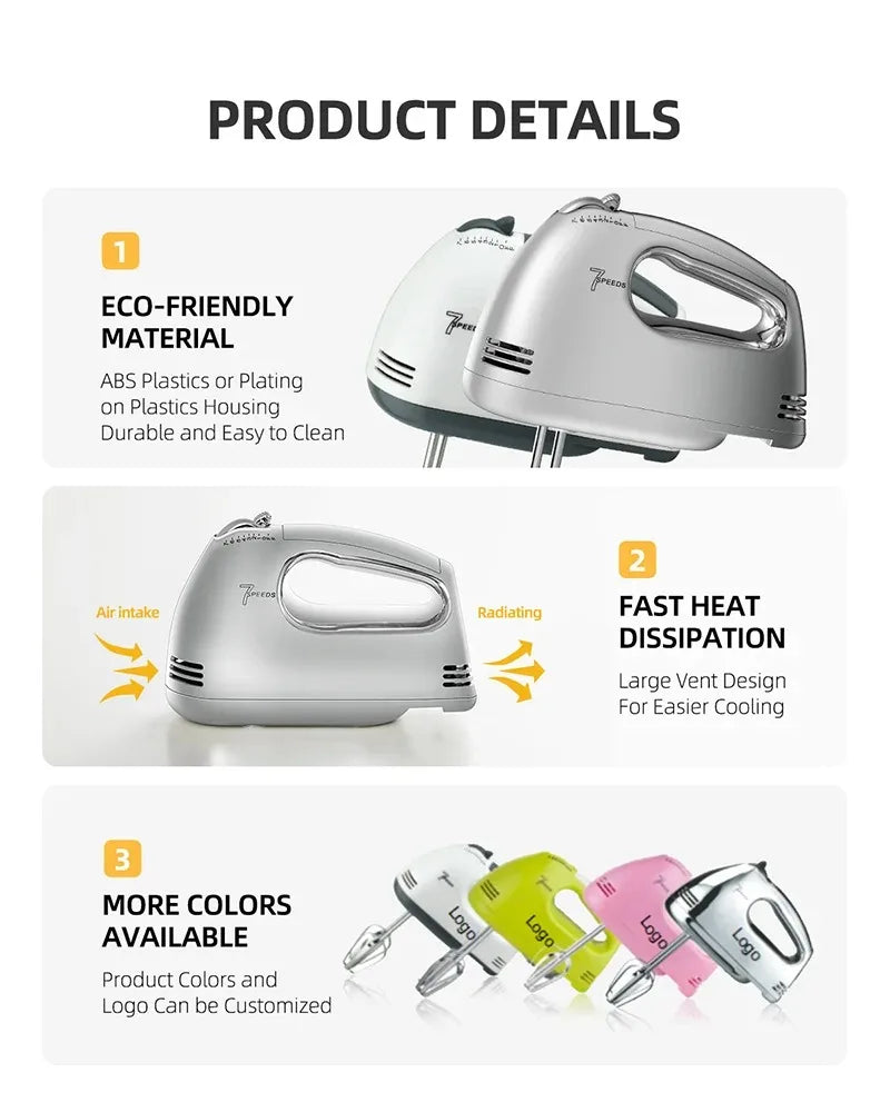 Custom Home Kitchen Electrica Batidora De Mano 7 Speed Food Flour Dough Cake Egg Beaters Handmixers Electric Held Hand Mixers