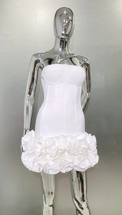 Stereoscopic Flowers Back Laceing Strapless Red Bandage Mini Evening Dress Sweet Woman Birthday Party Dress Performance costume