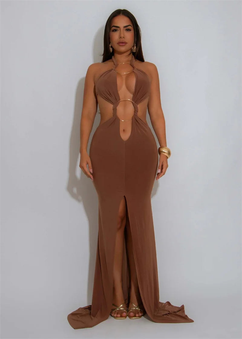 Sexy Halter Backless Mermaid Evening Dresses Woman Nightclub Prom Celebrity Metal Ring Bandage High Split Party Long Dress Robes