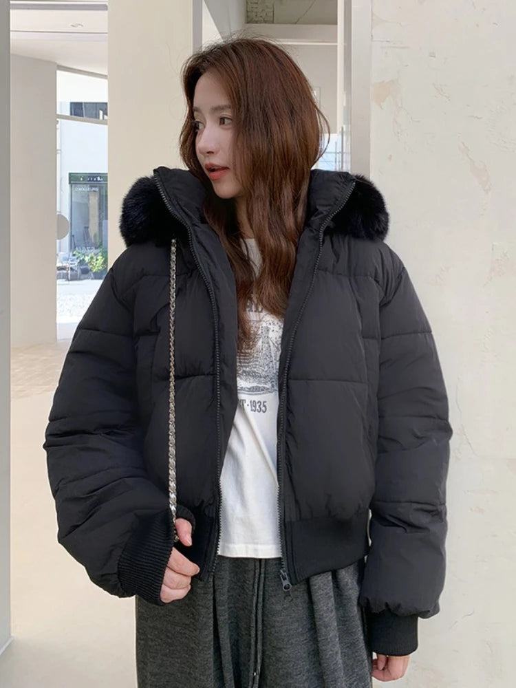 Casual Warm Fur Hooded Cropped Parkas Chic Streetwear Korean Style Down Cotton Coat Thicken Short Women's Winter 2025 Jacket