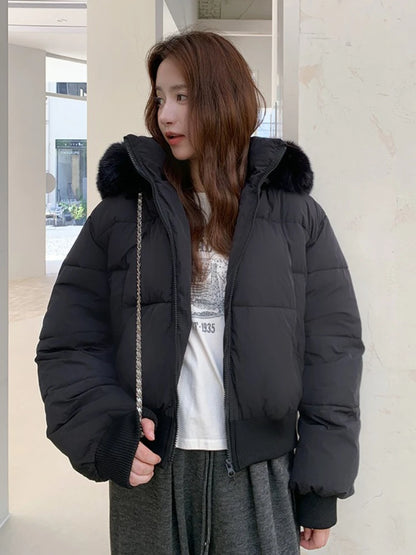 Casual Warm Fur Hooded Cropped Parkas Chic Streetwear Korean Style Down Cotton Coat Thicken Short Women's Winter 2025 Jacket