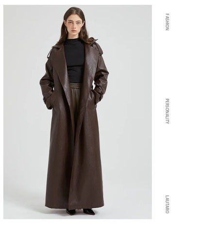 Lautaro Spring Autumn Extra Long Brown Pu Leather Trench Coat for Women Sashes Luxury Chic Overcoat Runway European Fashion 2024
