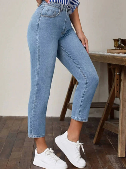 Pocket Micro Elastic Pants High Waist Solid Color Women's Straight Leg Pants Fashion High Street Daily Versatile Spring Jeans