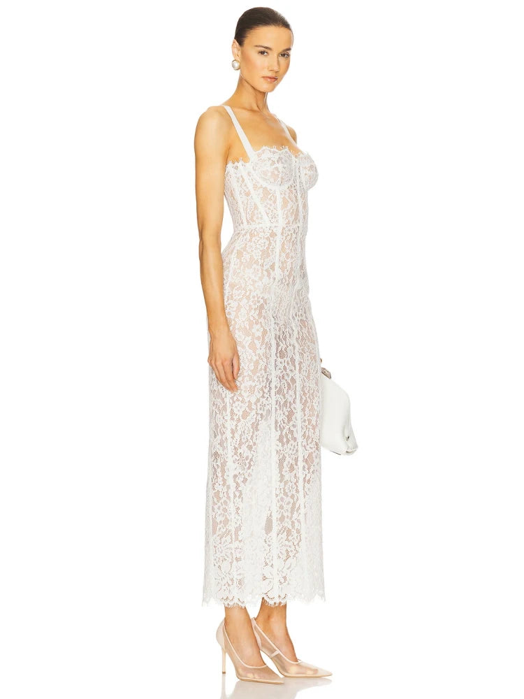 Sexy Spaghetti Strap V Neck Lace Long Dress Women Black Floral Lace Sleeveless Bodycon Dresses Elegant Evening Celebrity Party