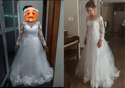 RODDRSYA Elegant O-Neck Wedding Dress Lace Up A-Line Applique Tulle Long Sleeves Beach Bride Gowns vestidos de novia Customized