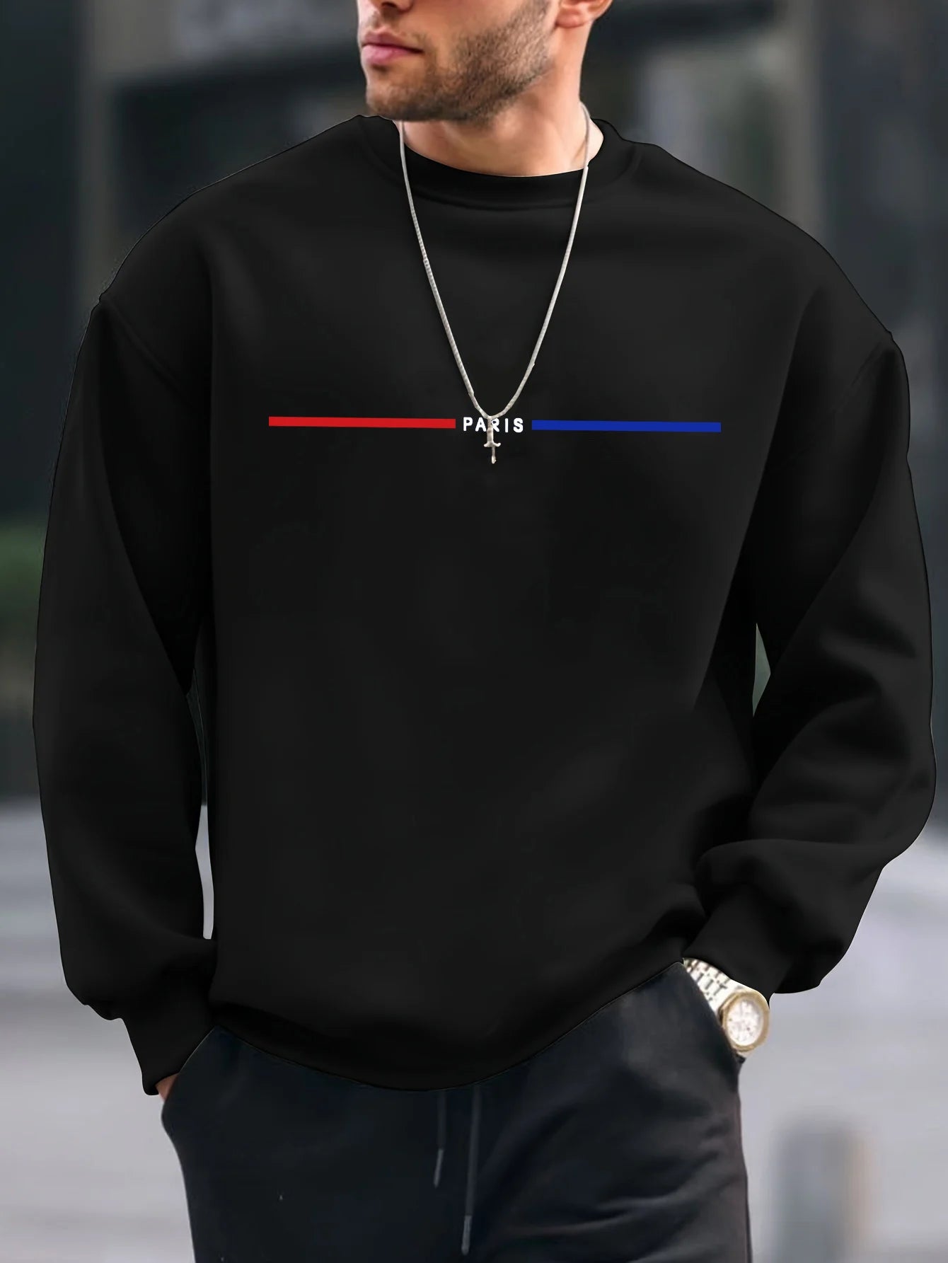 Men's autumn and winter thick velvet warm and fashionable casual loose Paris print round neck long sleeved pullover