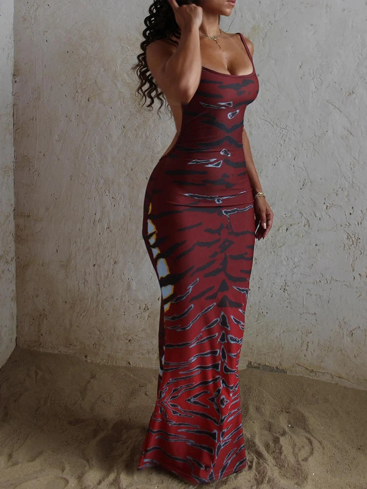 Sisterlinda Backless Maxi Dress Women Sleeveless Leopard Print Sexy Skinny Clubwear Stretch Tight Beach Vacation Slim Vestidos