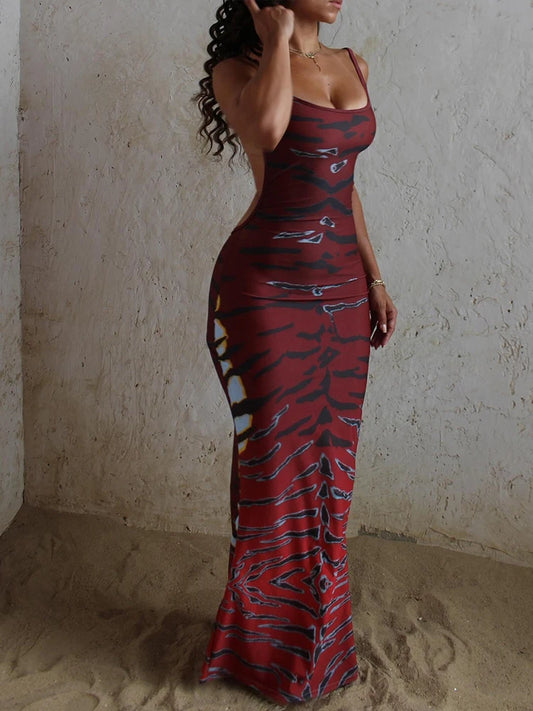 Sisterlinda Backless Maxi Dress Women Sleeveless Leopard Print Sexy Skinny Clubwear Stretch Tight Beach Vacation Slim Vestidos