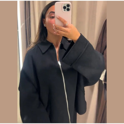 Woolen Zipper Loose Short Jacket Women Long Sleeve Lapel Solid 2025 Autumn Winter Commute Coat Street Office Warm Ladies Outwear