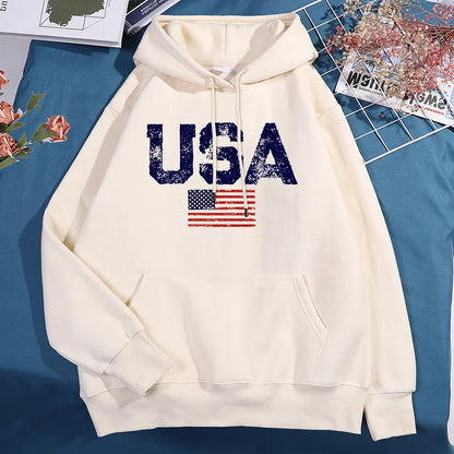 Usa Letters American Flag Stars And Stripes Hoodie Men Women Fleece Hoody Fleece Oversize Sweatshirt Autumn Pocket Clothes