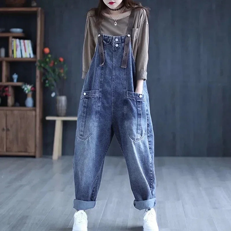 Jumpsuit Women Jeans Rompers New Retro Big Pocket Loose Denim Overalls Fashion Casual Wide-leg Pants Jumpsuits Cloth
