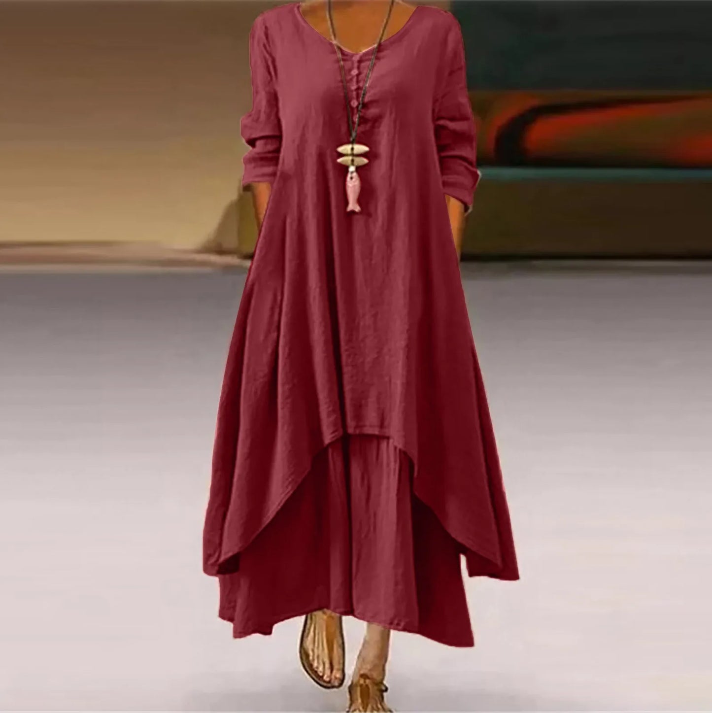 Women Elegant Linen Ginger Dresses Bohemia Layering Vintage Robe Long Sleeve Loose Long Dress Female Autumn Vestidos