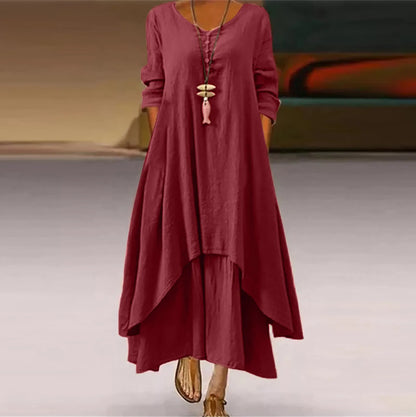 Women Elegant Linen Ginger Dresses Bohemia Layering Vintage Robe Long Sleeve Loose Long Dress Female Autumn Vestidos