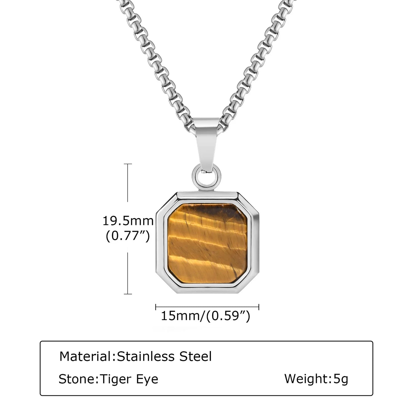 Trendy Pendant Necklaces for Men Boys,Square Natural Stone Stainless Steel Necklaces,Hip Hop Cool Healing Jewelry Gifts