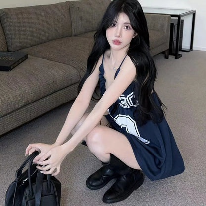 Sexy hot girl style deep V-neck dress for women with autumn letter printing casual a-line skirt backless short skirt