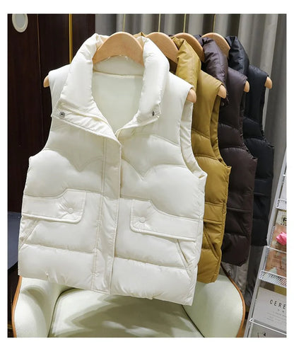Down Cotton Vest Women 2025 New Autumn Winter Fashion Stand Collar All-Match Warm Sleeveless Waistcoat Jacket Ladies Female Tops