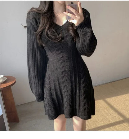 Korean Chic Autumn Gentle V-neck Linen Pattern Design Slimming Long Sleeve A- line Knitted Dress High Collar Ankle-length Dress