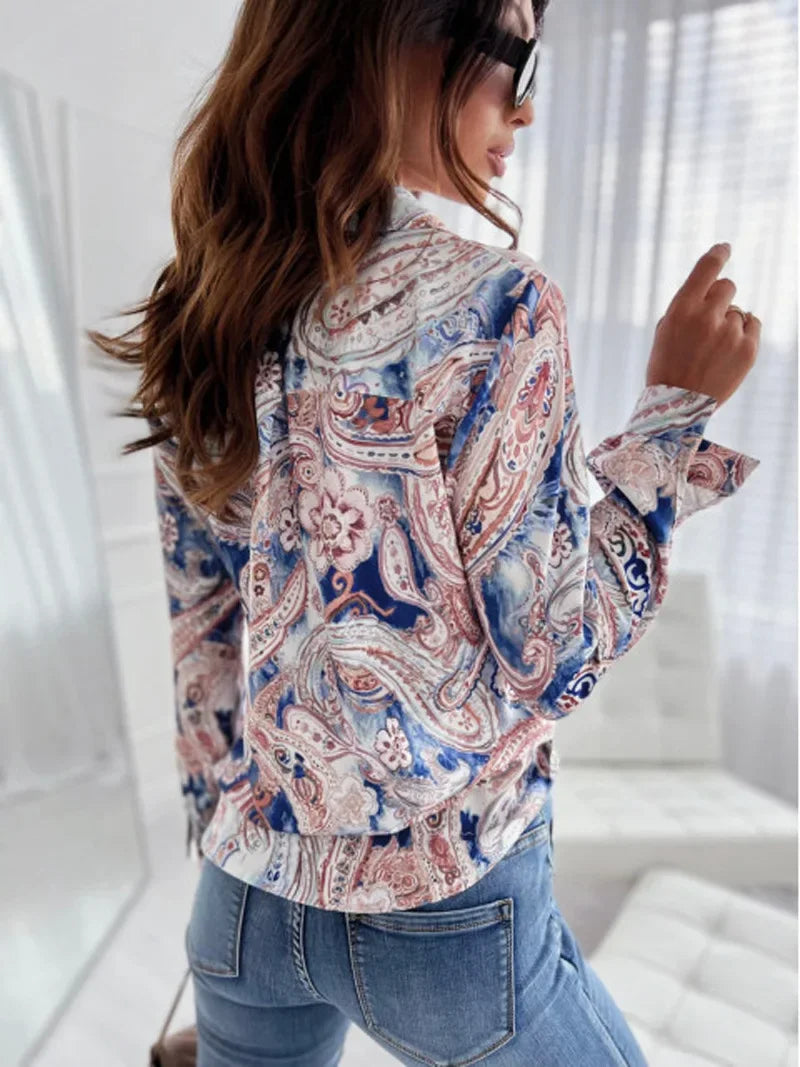 Women Geometric Print Shirt, Spring and Autumn Fashion Long-sleeved Shirts, Camisa Girls Chemise Size S M L XL XXL
