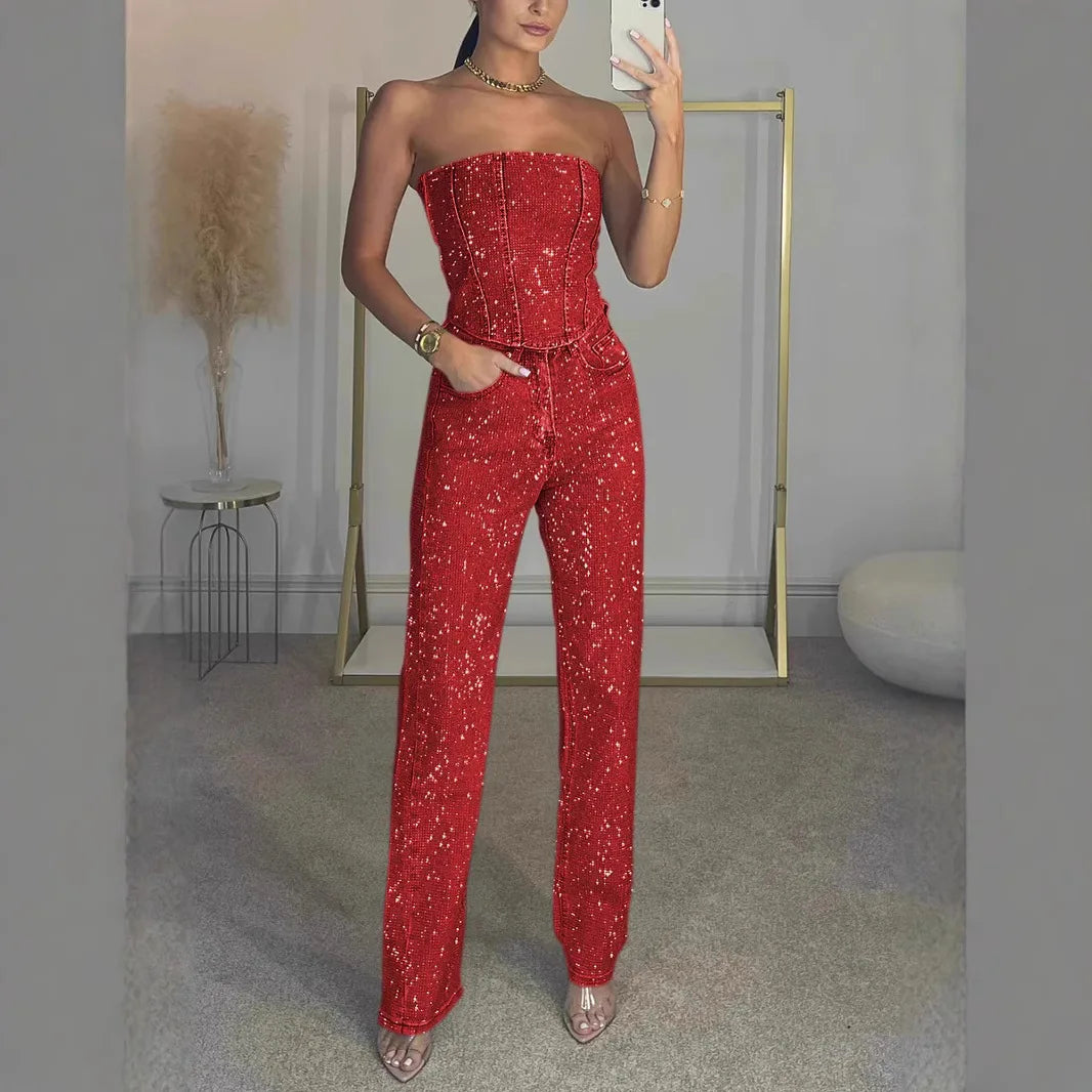 Denim Pant Set Women Two Piece Sets Sexy Strapless Sleeveless Tops Long Pants High Waist Y2k Streetwear Elegant Work 2025/2026