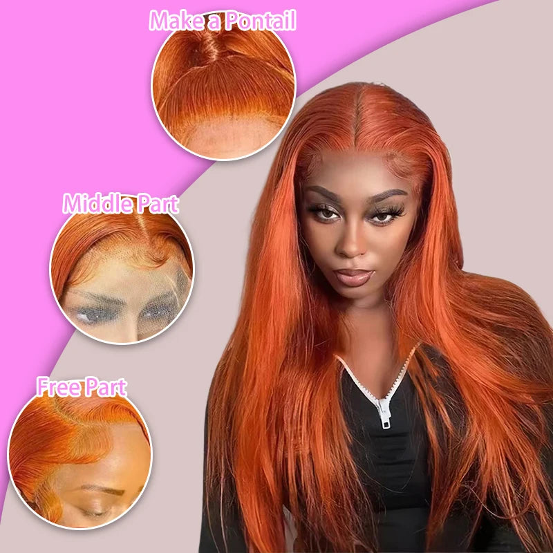 Ginger Human Hair Wig Bone Straight Ginger Orange Lace Front Wig Human Hair Transparent Lace  #350 Colored Wig With Baby Hair