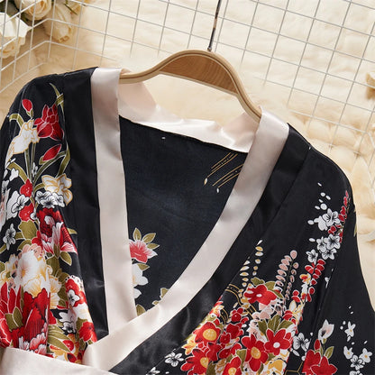Japanese Kimono V-neck Printed Flower Bow Waist Shaping Cardigan Dress Women Clothing Loose Long Sleeve Vintage Sexy Lace-up New