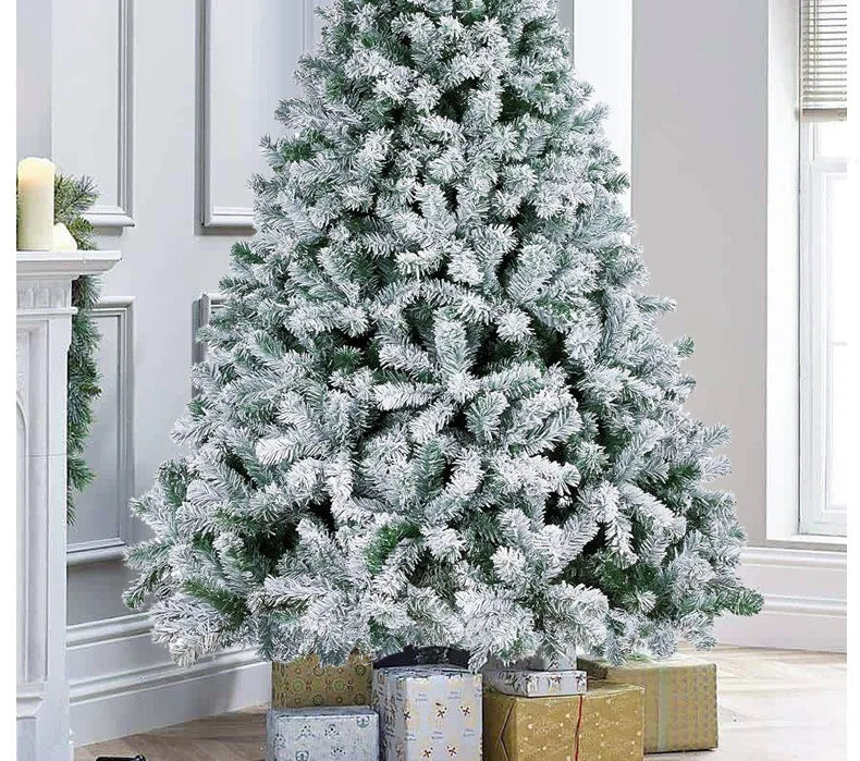 Christmas tree with white flocking, realistic snowfall effect, Christmas tree made of pine wood