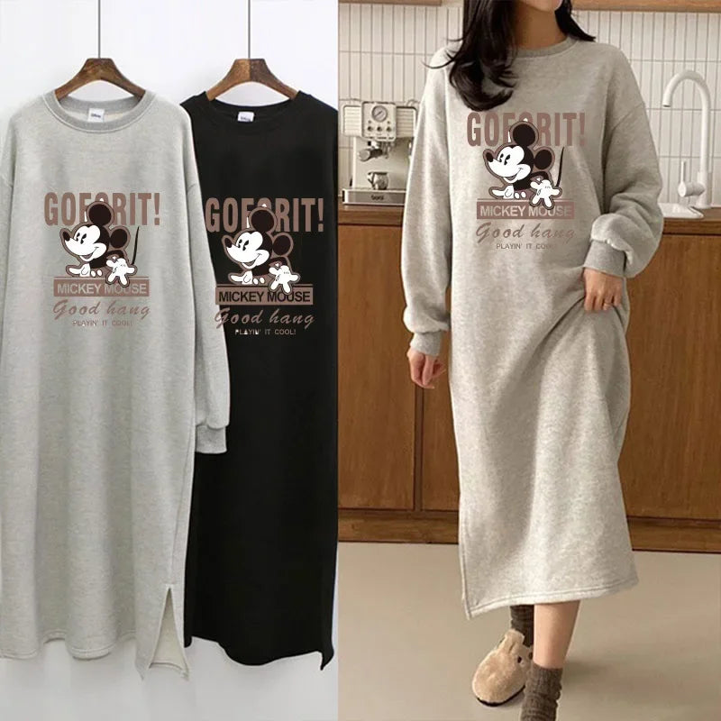 Cartoon Printing Fleece Lined Thickened Women's Sweatshirt Dress Loose Fit Idle Style Over Knee Long Straight Leg Dressin