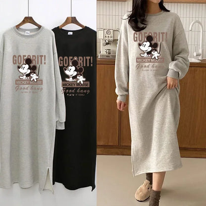 Cartoon Printing Fleece Lined Thickened Women's Sweatshirt Dress Loose Fit Idle Style Over Knee Long Straight Leg Dressin