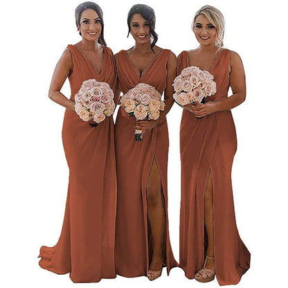 Elegant Bridesmaid Dresses 2025 Wedding Banquet V-Neck Sweep Train Sleeveless Simple A-line Split Backless Evening Dress