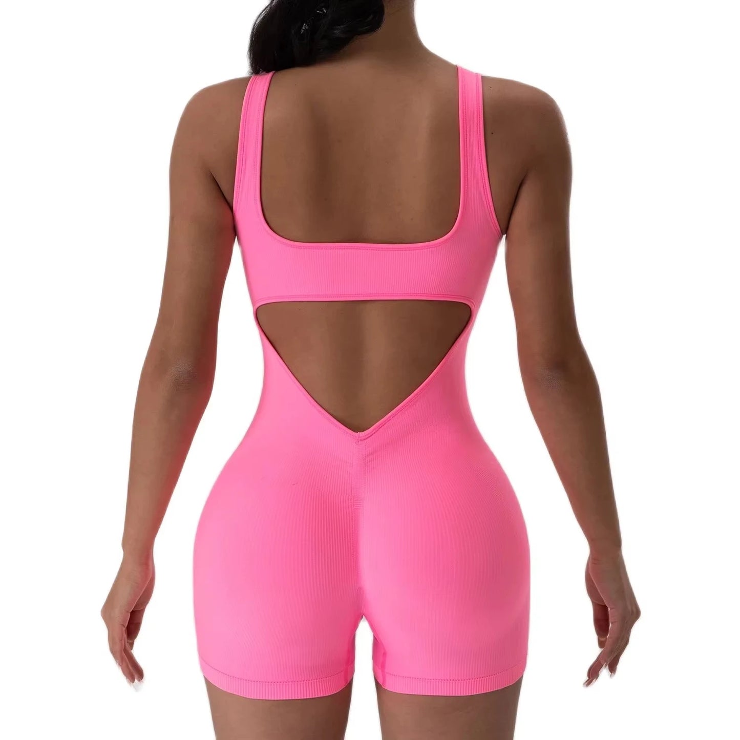 1PCS Backless Yoga Suit U Neck Sleeveless Sports Jumpsuit Solid Colour Threaded Stretch Women Bodysuit Without Bust Pads