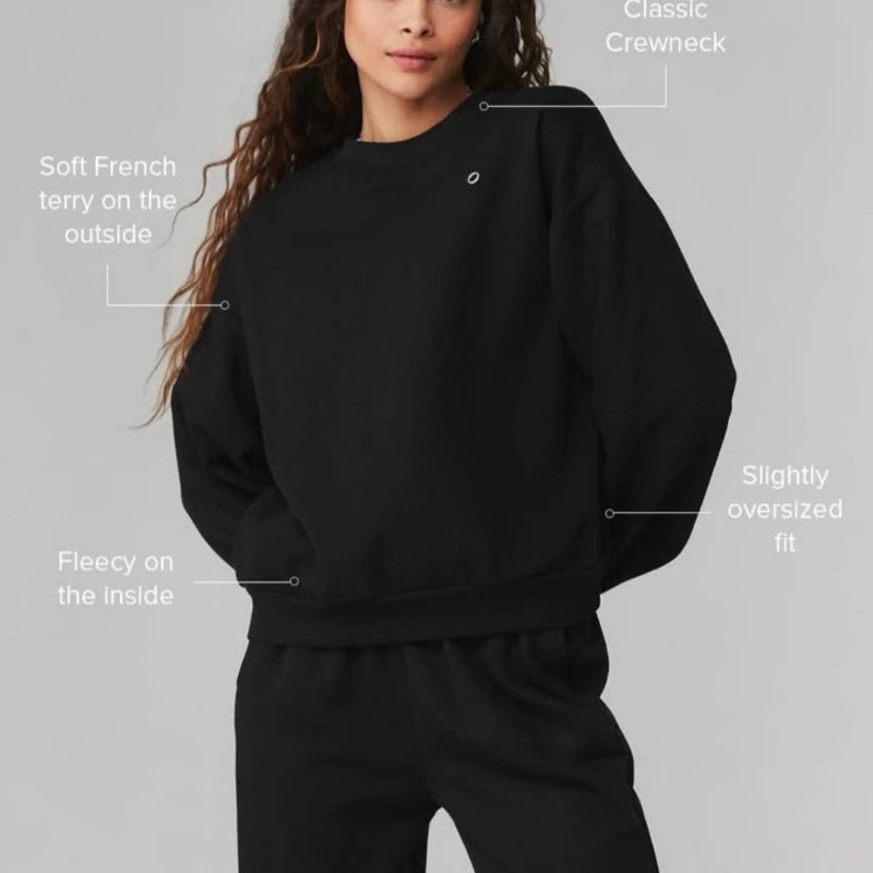 Autumn Women's Sweatshirts Casual New Loose Long-sleeved Pullovers Women Solid Color Black Sports Crew-neck Hoodies Gym Tops