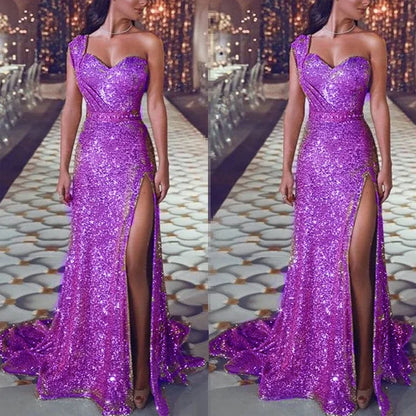 2025 Women's Wedding Party Dress Evening Elegant Sexy Deep V Neck One Shoulder Sleeveless Sequined Long Maxi Dresses For Women