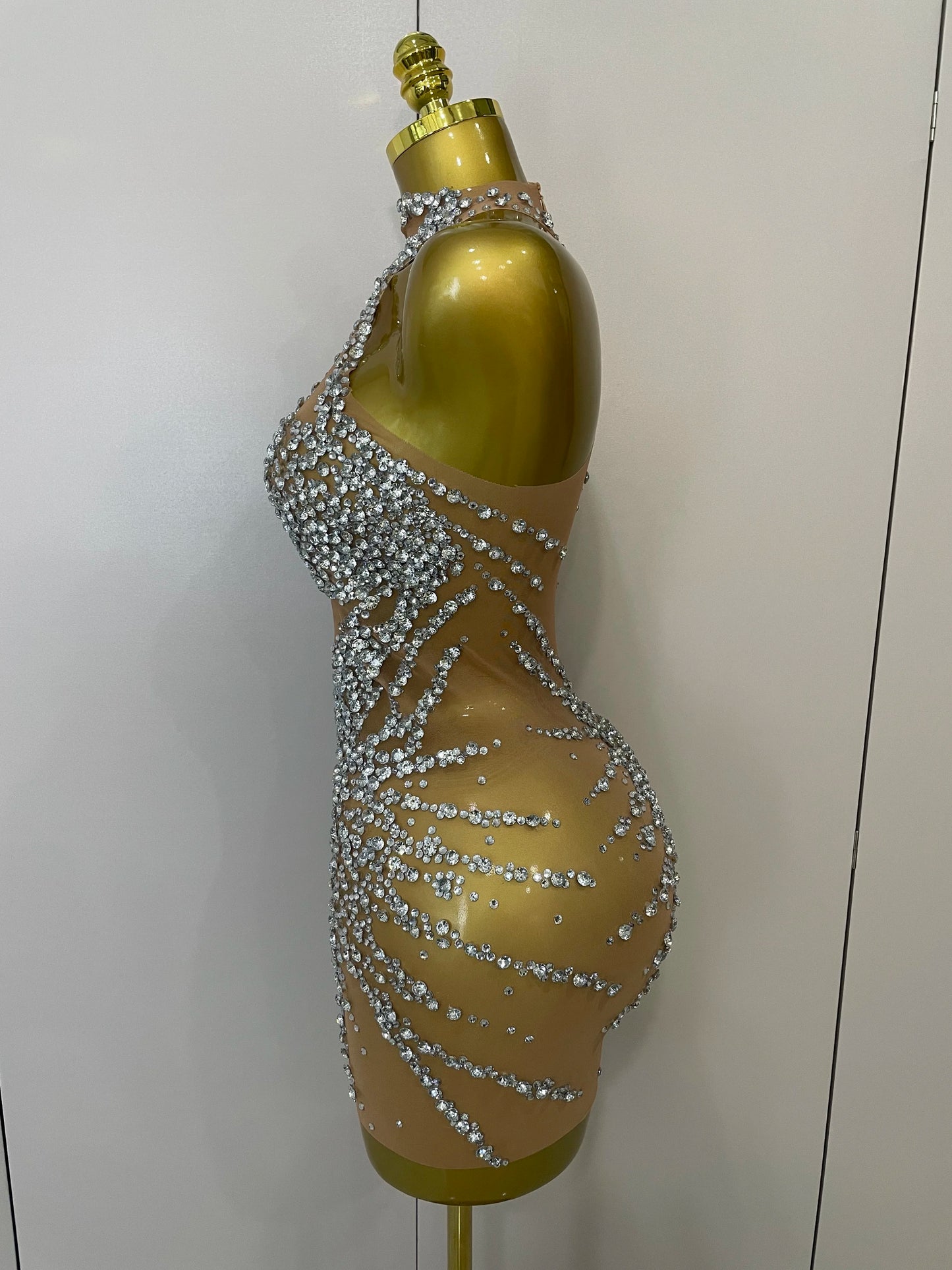 STOCK Sparkly Rhinestones Sexy Mesh See Through Dress Party Evening Prom Celebrate Birthday Dress Singer Dancer Show Stage Wear