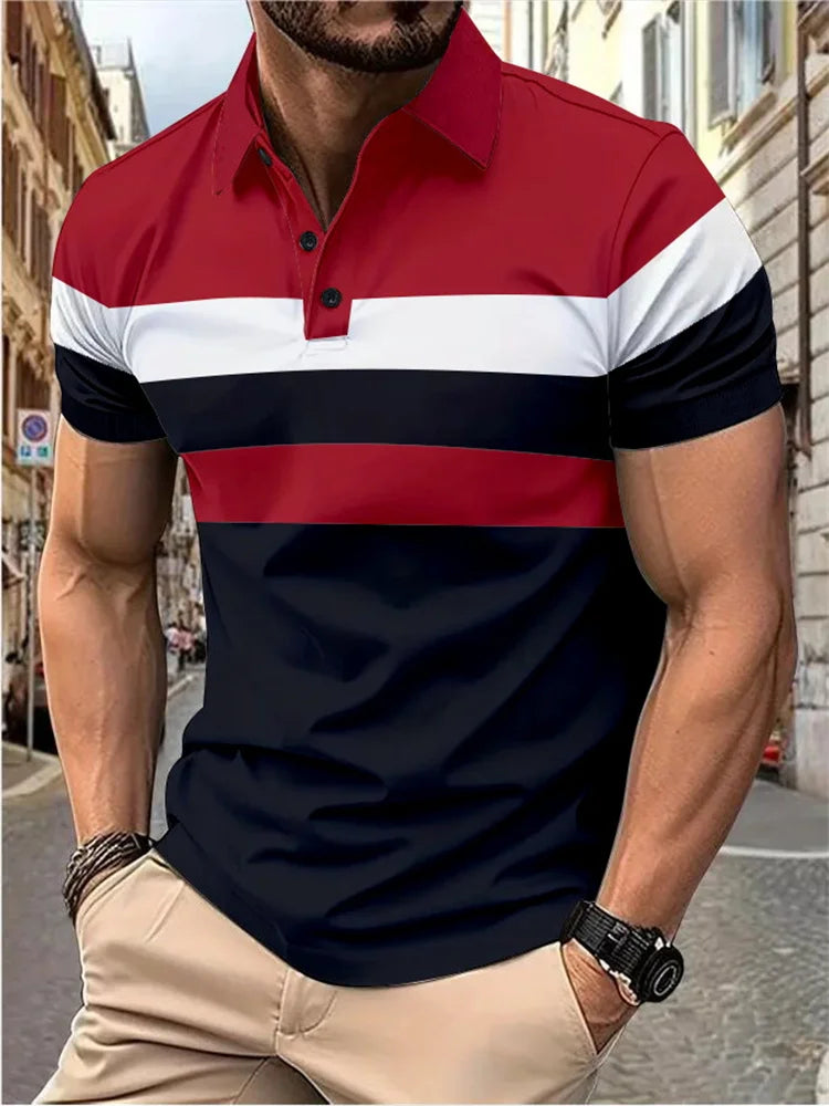 Men's Casual Polo Shirt Fashion Stitching Line Design Slight Stretch Comfortable Fabric Plus Size Men's Lapel Short Sleeves Top
