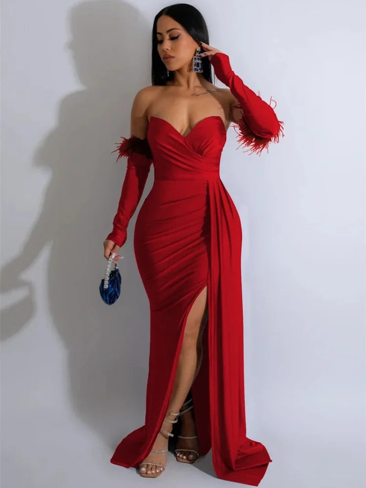 Sexy Off Shoulder Strapless Evening Long Dresses Women Elegant Party Formal Mermaid Wedding Dinner Guest Dress with Oversleeve