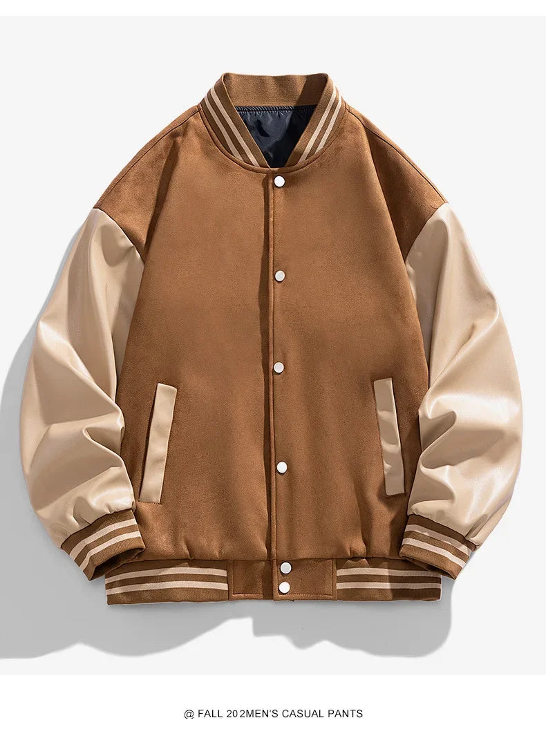 American Retro Suede Baseball Jacket Men's Spring Autumn Casual Leather Sleeve Outerwear JK819 Public Version Couple's Style
