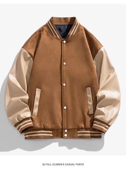 American Retro Suede Baseball Jacket Men's Spring Autumn Casual Leather Sleeve Outerwear JK819 Public Version Couple's Style