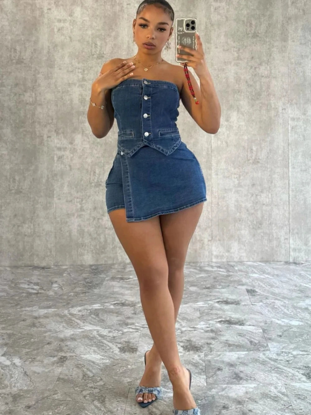 Sexy Women's Denim Suit Strapless Top And Slim-Fit Shorts Outfits Solid Color Comfortable Summer Ladies Two-Piece Set