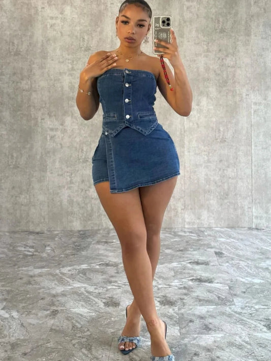 Sexy Women's Denim Suit Strapless Top And Slim-Fit Shorts Outfits Solid Color Comfortable Summer Ladies Two-Piece Set