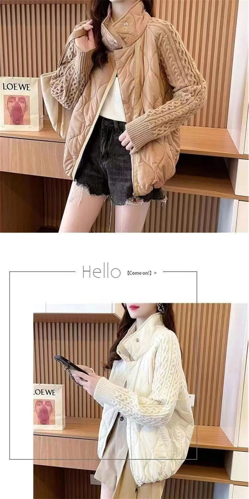 Stand Collar Sweater Sleeve Splicing Down Cotton Jacket Women Autumn Winter Warm Down Cotton Parkas 2025 New Female Fashion Coat