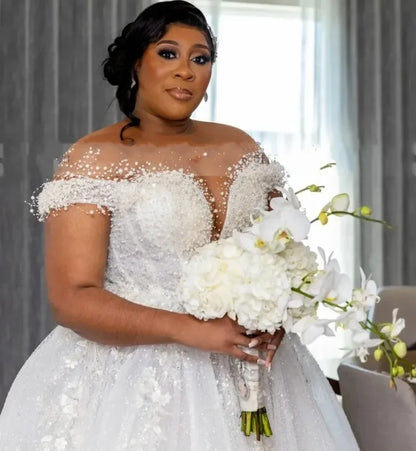 Customized Wedding Dress For Bride 2025 Sheer Neck Lace Up Back Major Beading Sequins Pearls Plus Size Women Africa Bridal Gowns