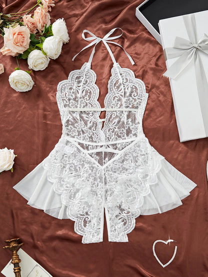 Plus Size 4XL Erotic Backless Deep V Sexy Lingerie Transparent Floral Lace Women Night Dress Teddy Babydoll Crotchless Underwear