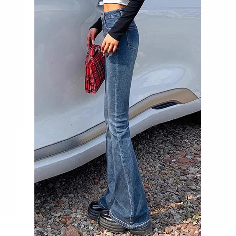 Woman Elastic High Waist Bell Bottom Jeans Female High Street Designer Flare Pants Lady Fashion Blue Black Gothic Denim Trousers