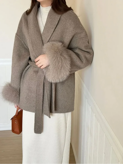 Elegant Lace Up Woolen Short Coat Solid Loose Lapel Furry Belt Long Sleeve Jacket Female 2025 Autumn Winter Lady Chic Cardigan